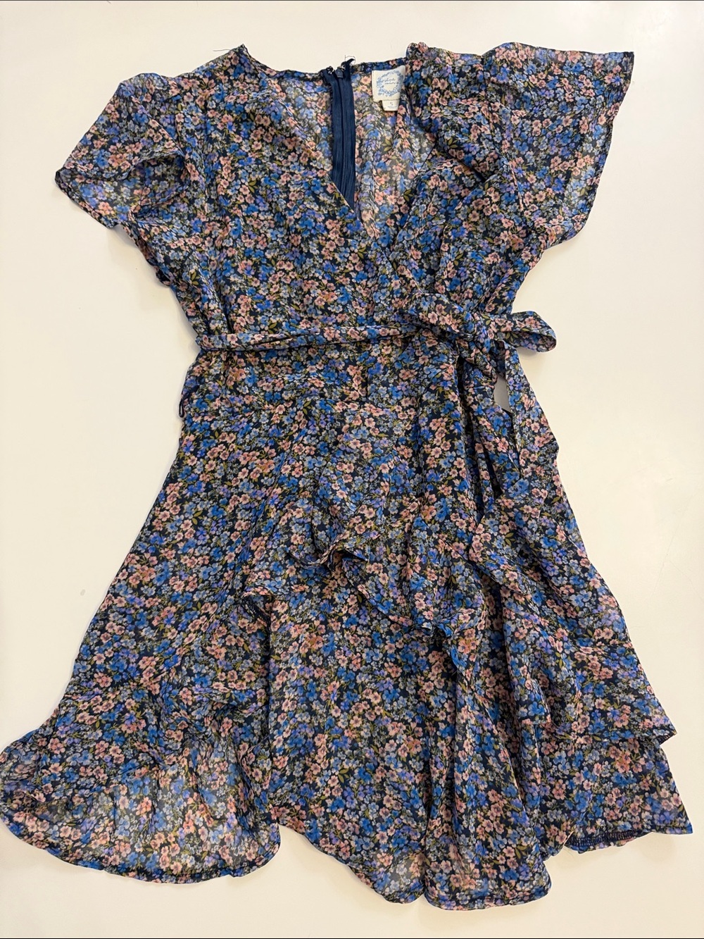 Blue Rain Floral Wrap Dress in Navy with Pink & Blue Blooms